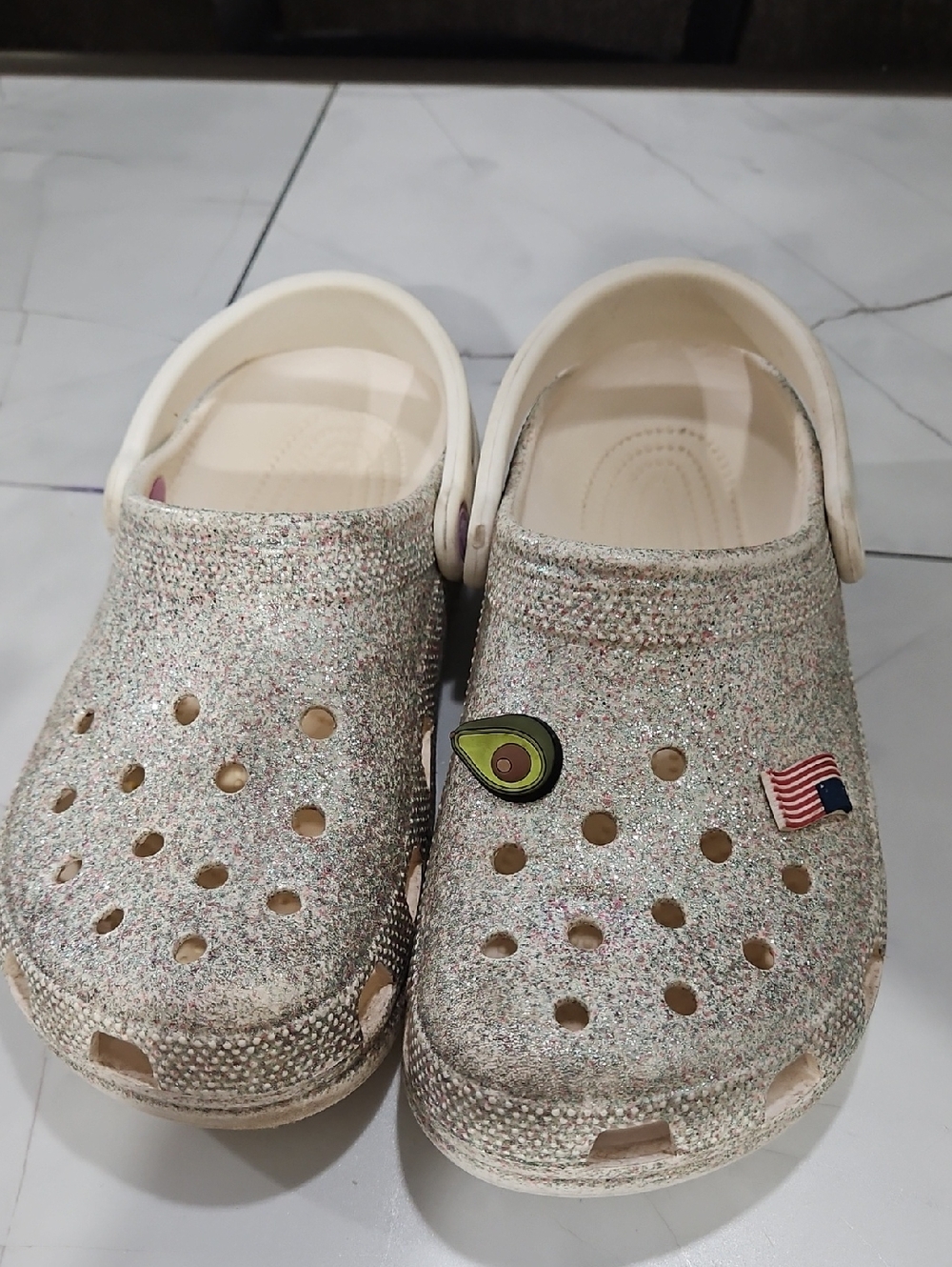 CROCS Kids Glitter Clogs in Cream with Multicolor Sparkle